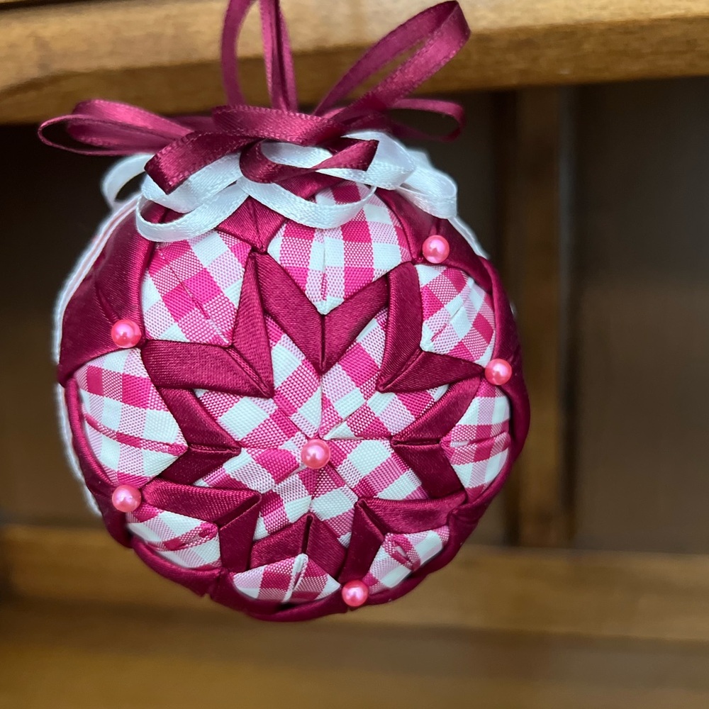 Vintage hand crafted 3 1/4” fabric and ribbon Christmas ball